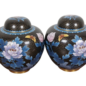 2 Chinese Black Floral Chrysanthemum Butterfly Cloisonne Ginger Jars Urns 6&quot;