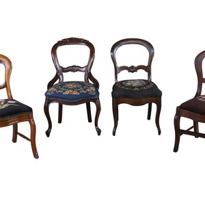 4 Antique Victorian Carved Mahogany Balloon Back Side Chairs Needlepoint Seat