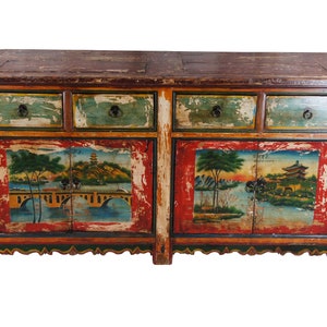 Vintage Mongolian Chinoiserie Painted Elm Sideboard Cabinet Console Credenza 80"