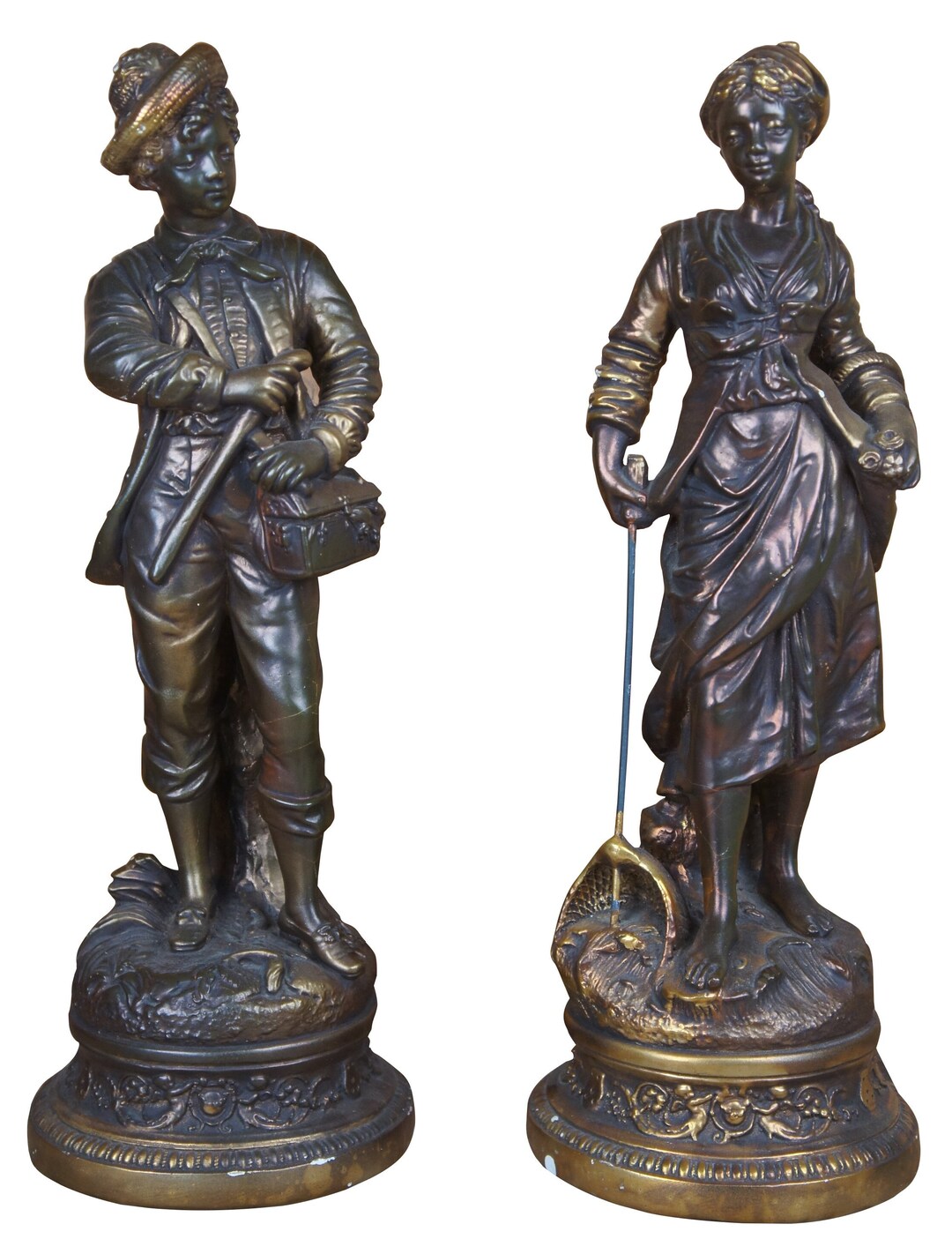 2 Vtg Sculpturite Plaster Statues Figures French Provincial Peasants