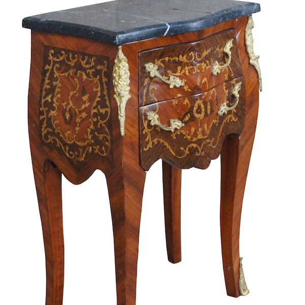 French Louis XVI Serpentine Walnut Bombe Marble Commode Nightstand Petite Chest