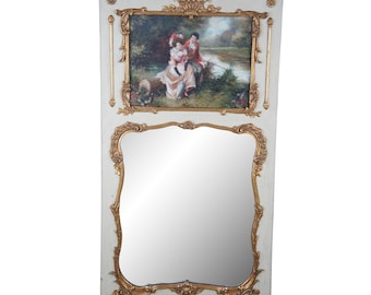 Vintage French Provincial Louis XV Over Mantel Trumeau Mirror w Oil Painting 65&quot;
