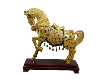 Vintage Chinese Gold Plated Jeweled Tang Horse Sculpture Statue 10"