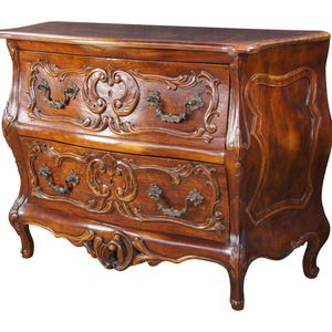 Vintage French Provincial Louis XV Serpentine Carved Cherry Bombe Commode Chest