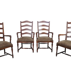 4 Vintage Oak Country French Farmhouse Ladderback Upholstered Dining Arm Chairs