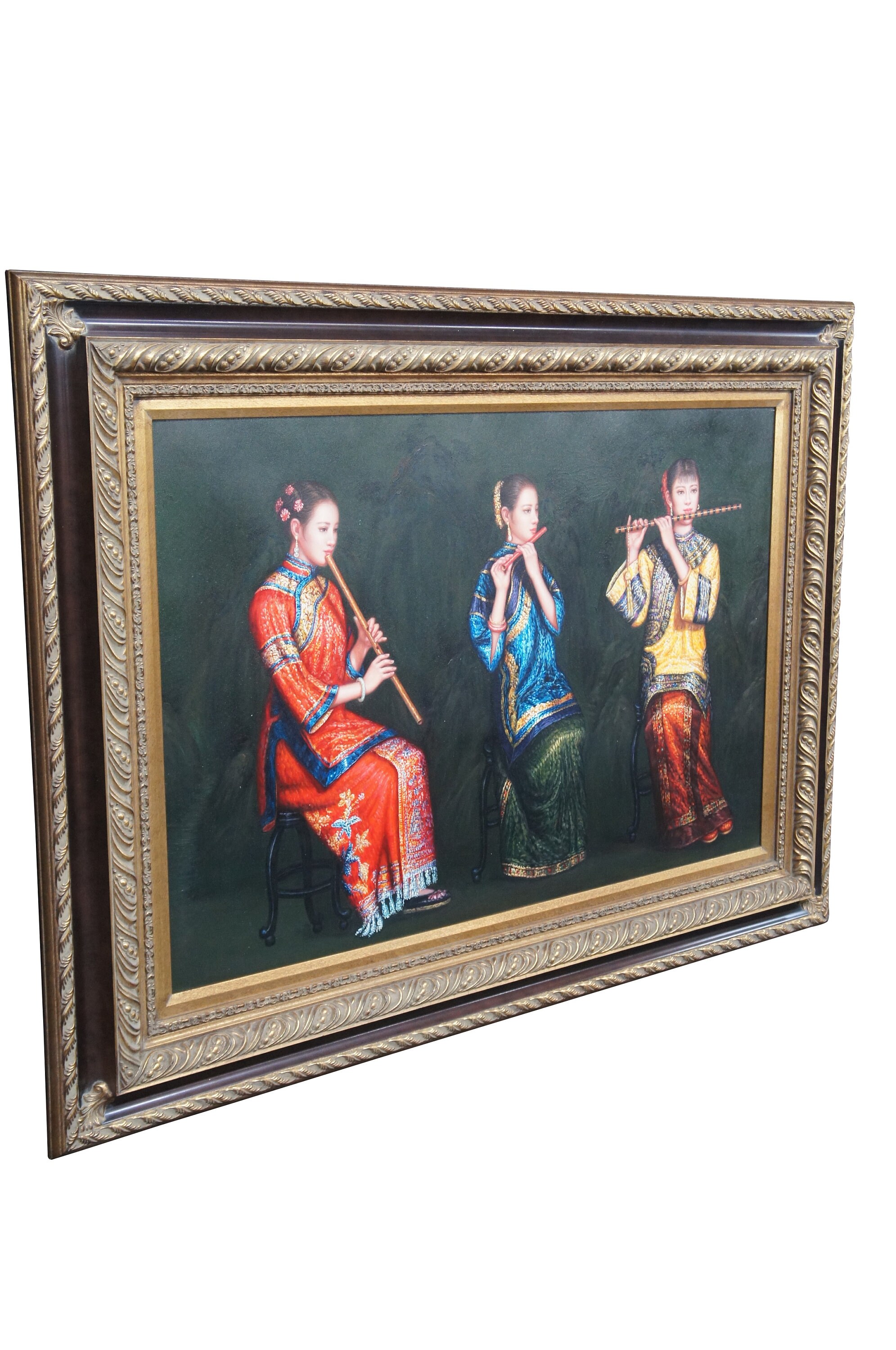 Chinese Trio of Woman Playing Bamboo Flutes Oil Painting After