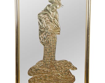 Hollywood Regency Chinoiserie Gold Embossed Geisha Wall Vanity Mirror MCM 27"