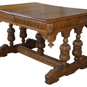 Antique Quartersawn Oak French Renaissance Revival Dining Table Library Desk