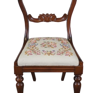 Antique Late Victorian Balloon Back Mahogany Side Chair Rose Needlepoint Seat