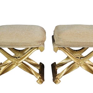 2 Baker Furniture French Louis XV Gilt X Form Pliants Ottoman Footstools Pair