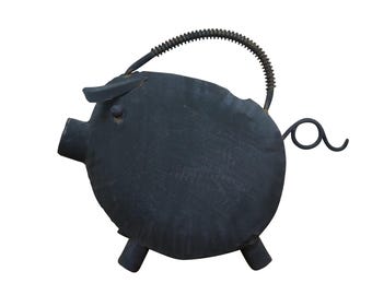 Vintage Folk Art Black Metal Pig Farmhouse Garden Watering Can 17"