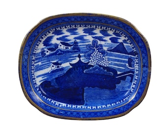 Antique Chinese Export Canton Blue Willow Gilt Plate Platter Tray 8"