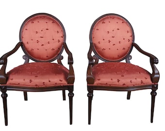 2 Vintage Henredon French Louis XVI Style Mahogany Silk Crewel Armchairs Pair