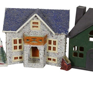 5 Vintage Folk Art Paper Mache Cardboard Putz Christmas Village House Japan 6&quot;