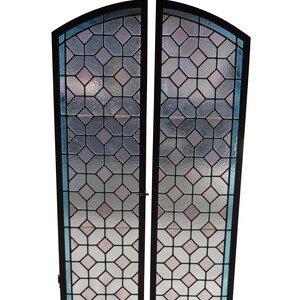2 Vintage Reclaimed Arched Leaded Geometric Diamond Stained Glass Windows Pair