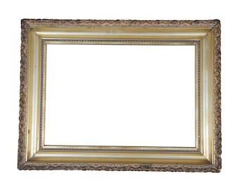 May include: A gold-toned picture frame with a decorative, ornate border. The frame is made of wood and has a rectangular shape.
