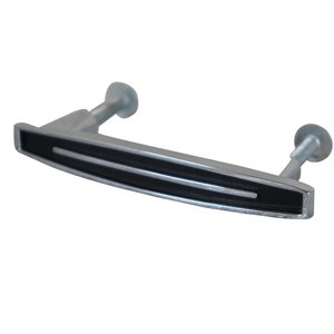 May include: A silver cabinet pull with a black insert and two screws. The pull has a curved shape and a smooth finish.