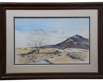 Vintage firmado acuarela montaña paisaje pintura rural arroyo rural