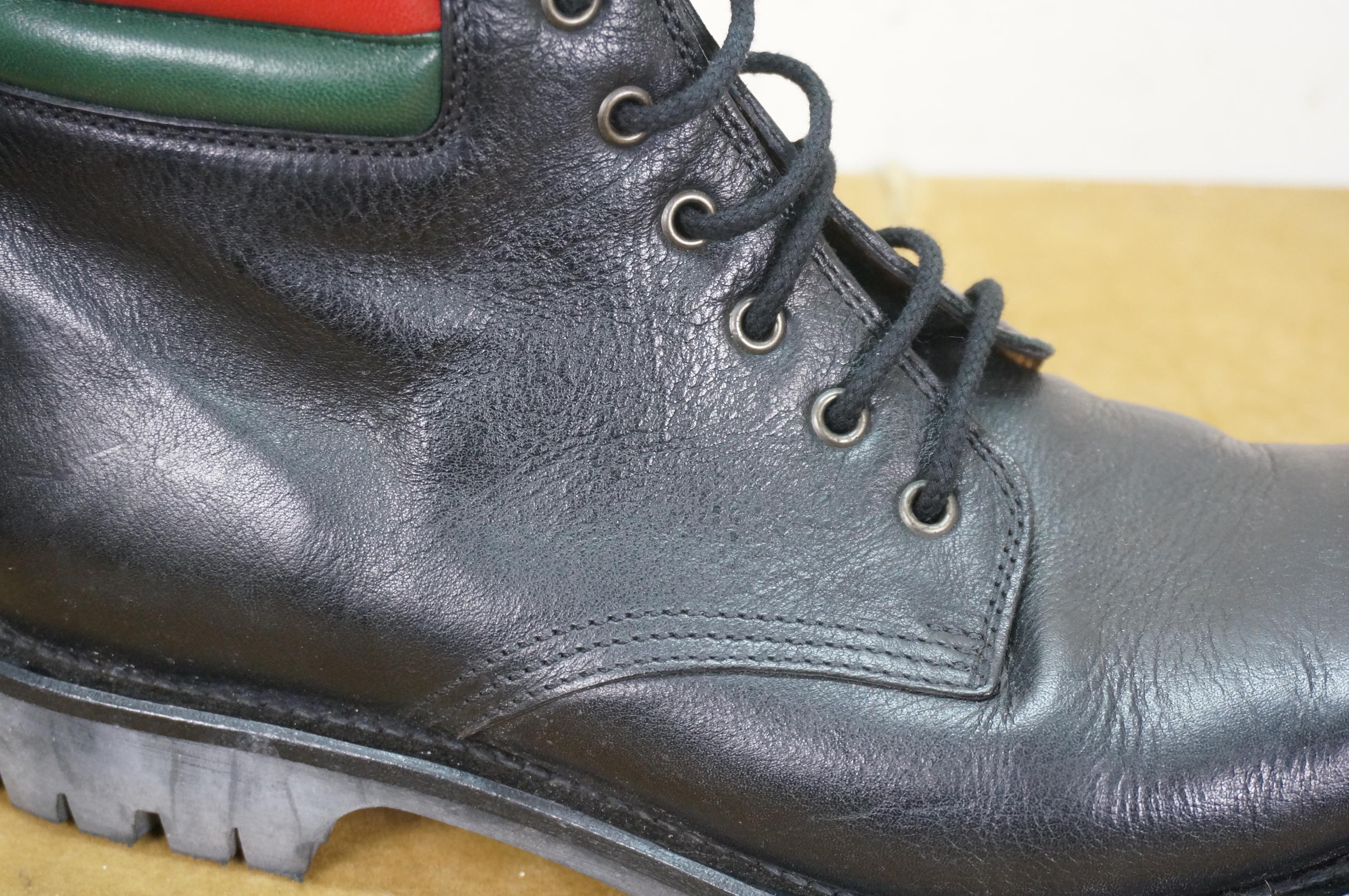 Gucci Green and Black Leather Hiking Boots Gucci Marland Plain Toe Black Leather Hiking Combat Boots  main image 4