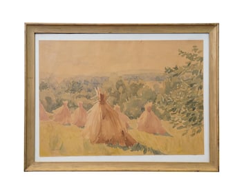 T. Karcik Farm Country Haystack Landscape Watercolor Painting 20"