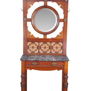 Antique Arts and Crafts Mahogany Hall Tree Stand Entry Console w Marble & Mirror