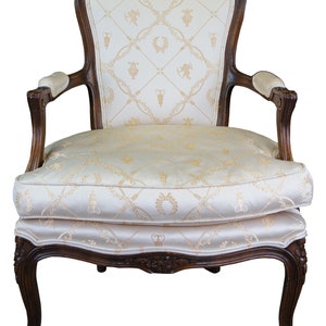 W & J Sloane Mid Century French Walnut Louis XV Fauteuil Arm Chair Downfill Seat