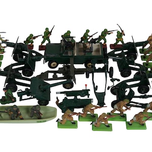 May include: A collection of green plastic toy soldiers, cannons, and a jeep. The soldiers are holding rifles and are in various poses. The cannons are on wheels and have barrels pointing forward. The jeep has a driver and a passenger in the front seats.