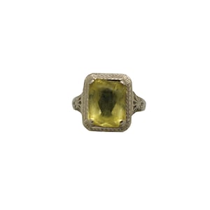 Antique Art Deco 14K White Gold Filigree Uranium Glass Cocktail Ring Size 5