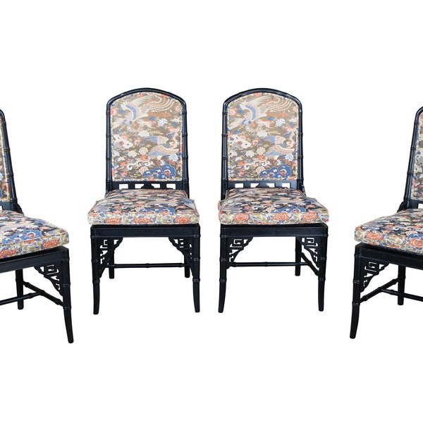 4 Chinese Chinoiserie Faux Bamboo Black Lacquer Caned Crane Dining Chairs