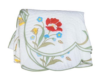 Vintage Tulip Time Scalloped Floral Garden Applique Cotton Kit Quilt 75" x 88"