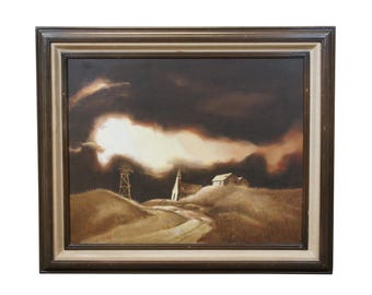 Vintage Stormy Sky Church Schoolhouse Farmhouse Landscape Oil Painting 37"
