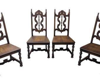 4 Antique Lifetime Furniture Jacobean Gothic Spanish Walnut Dining Chairs Set