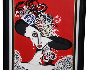 Héctor Cata figura femenina cubana en sombrero acrílico retrato pintura sobre lienzo 38"