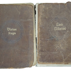 1928 Works of Victor Hugo & Leo Tolstoi Leather Bound Book Pair