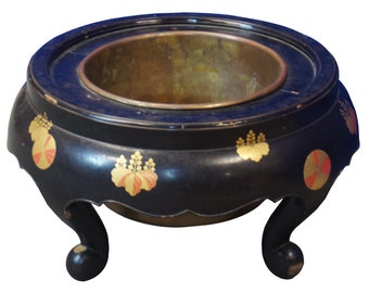 Antique Japanese Edo Makie Lacquered Stand Hibachi Brazier Tea Fire Bowl Brass
