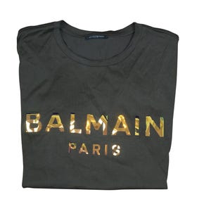 Balmain Paris Metallic Gold Foil Front Logo Gray Cotton Short