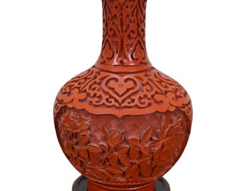 Yun Kang Taiwan Brass Red Cinnabar Lacquer Floral Mantel Vase Urn 9"