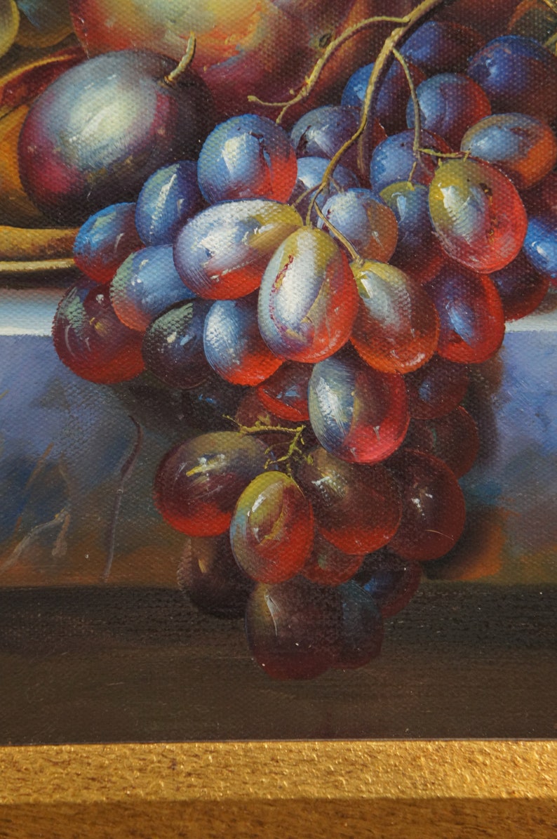 Vintage Still Life Fruit Grapes Wine Oil Painting on Canvas Gold Frame ...