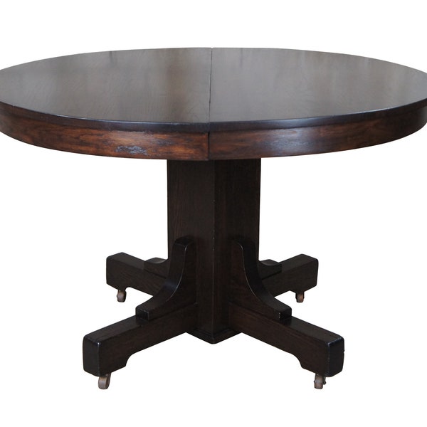 Antique Mission Style Round Extendable Oak Pedestal Breakfast Dining Table