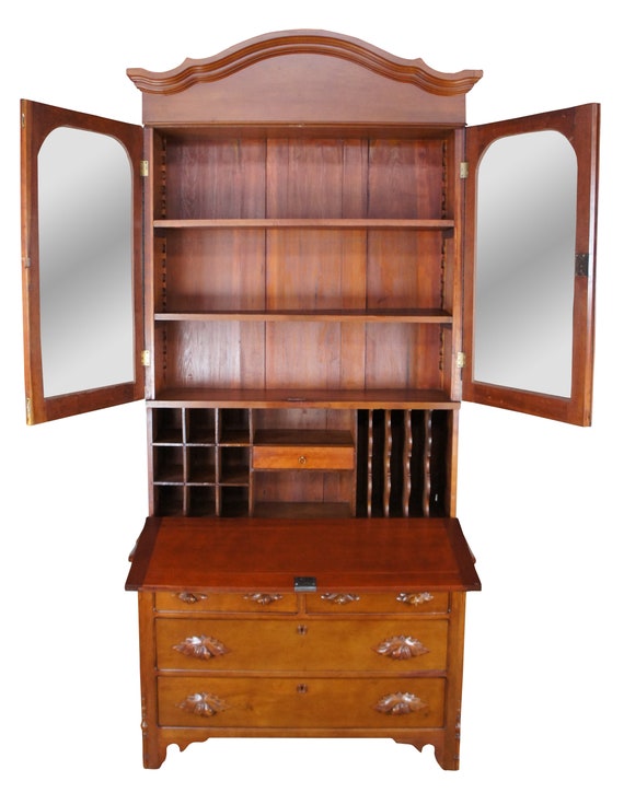 Antique American Victorian Cherry, Antique Mahogany China Cabinet Secretary Desk Bookcase