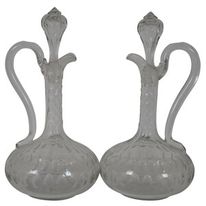 2 Antique Cut Glass Wine Decanters Claret Jug Pitcher Ewer Barware Stopper 10.5&quot;