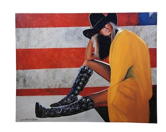 David DeVary It's All Great Western Cowgirl Portrait w American Flag Giclee 36"