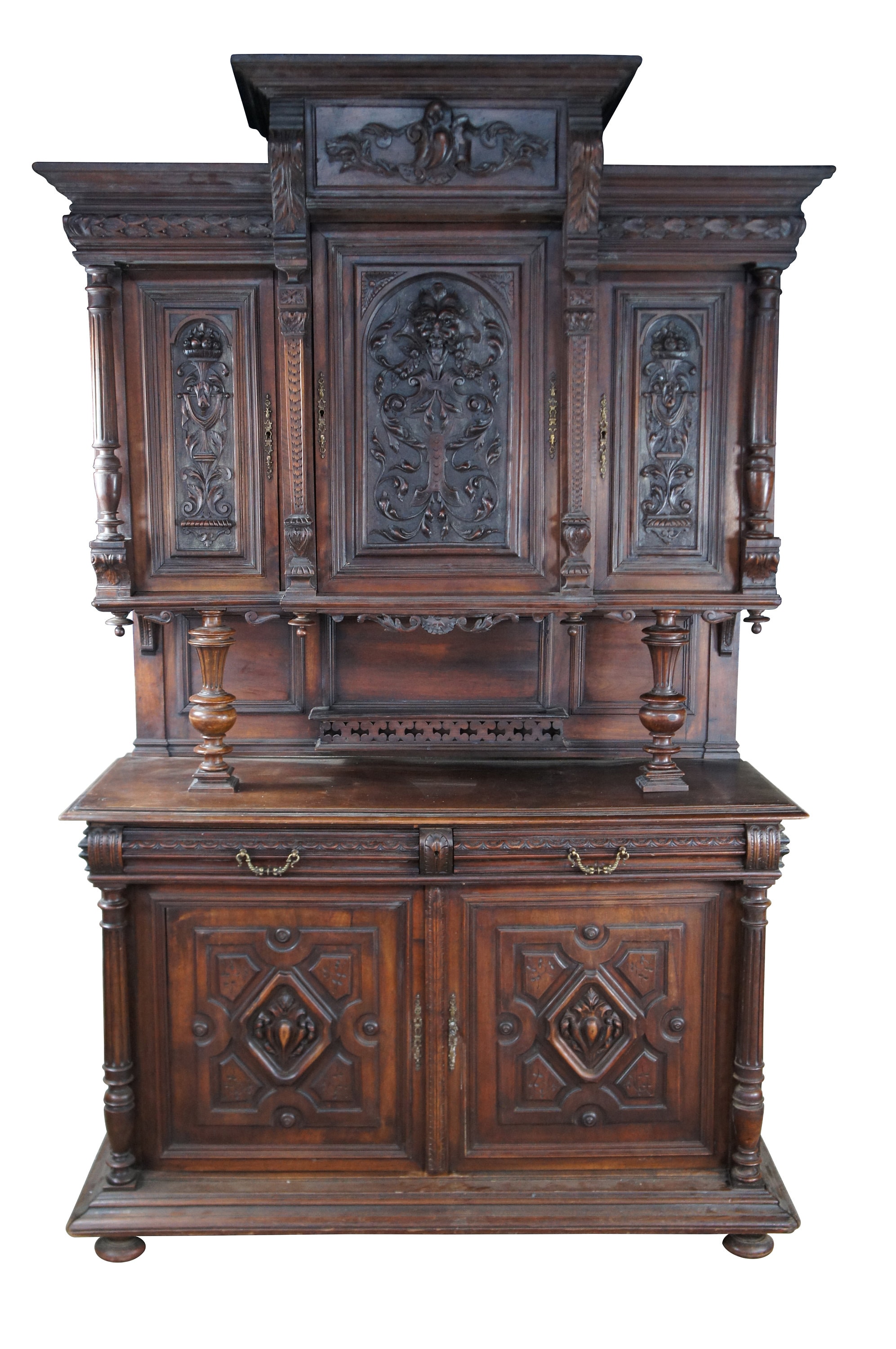 Antique French Renaissance Revival Walnut Buffet Cabinet Cupboard