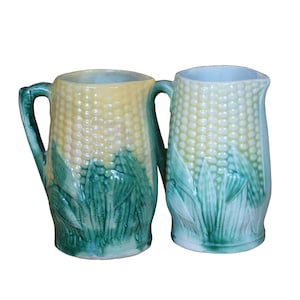 2 Antique Etruscan Majolica Corn on the Cob Harvest Creamer Pitchers 5&quot;