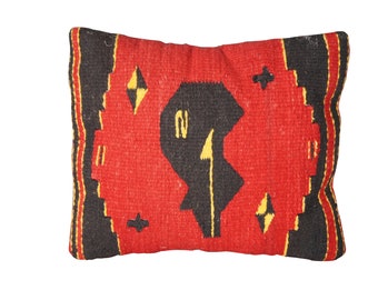 Vintage zapoteco suroeste tejido a mano lana oso motivo tirar almohada rojo y negro