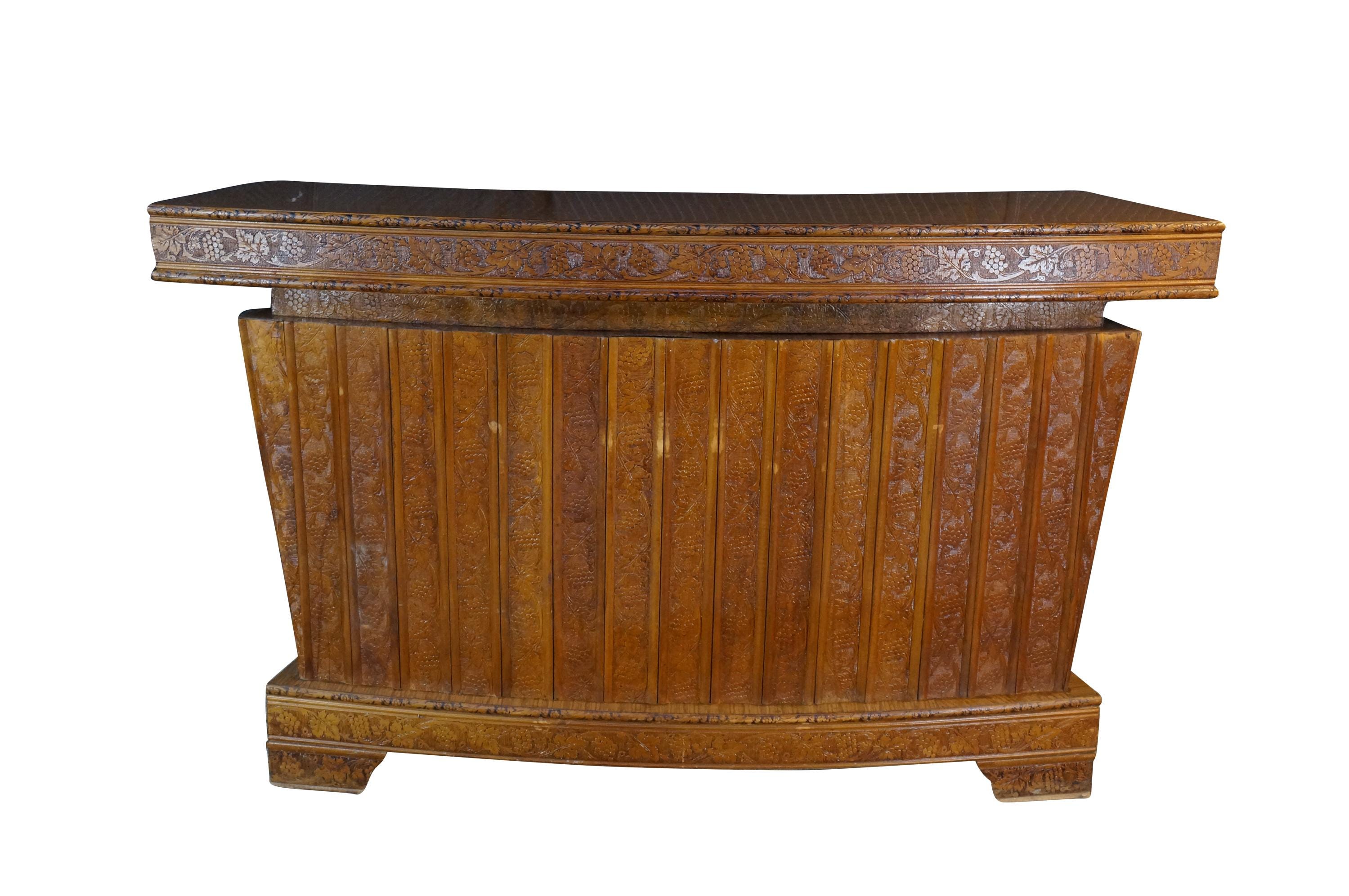 Mid-Century Curved Oak Dry Bar Cabinet with Carved Grapevines Wine Liquor 68"