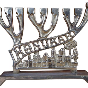 Vintage Small Judaica Hanukah Jewish Brass Menorah Israel Jerusalem Candelabra
