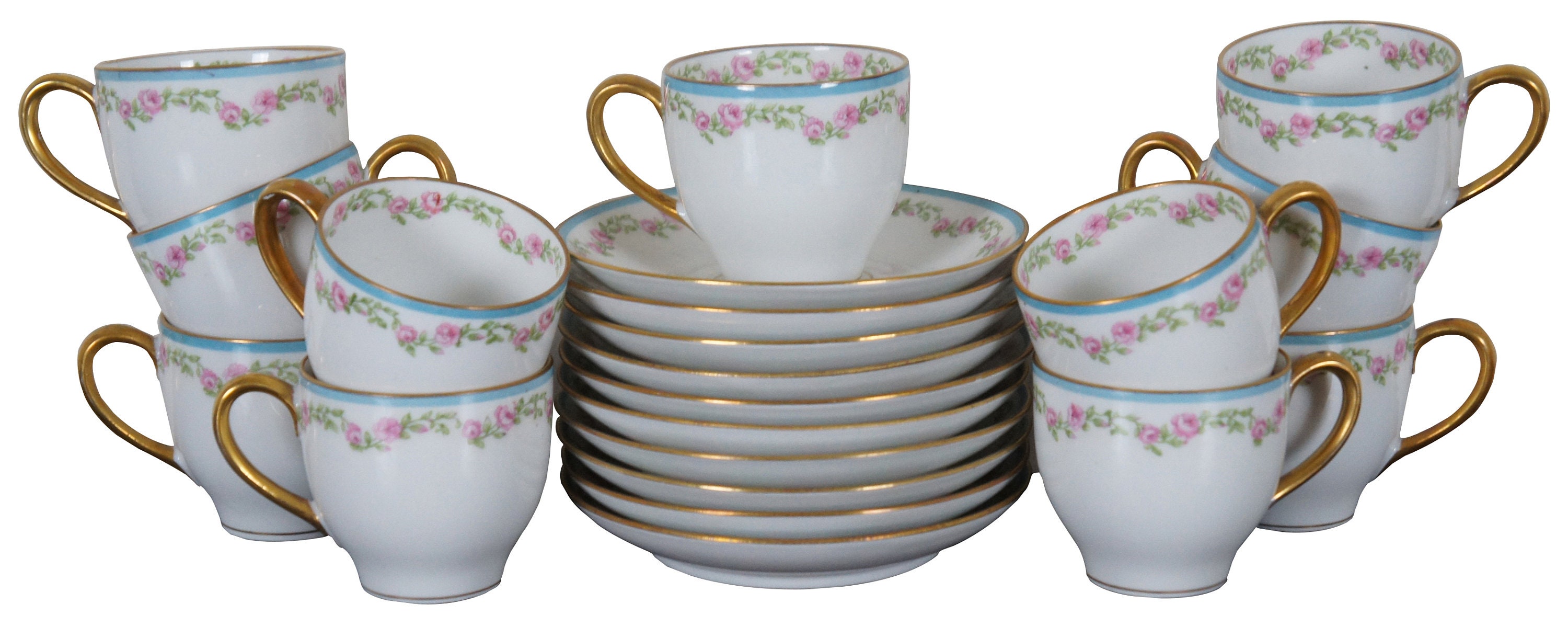 21 Pc Gda France Limoges Porcelain Floral Demitasse Tea Cups & Saucers