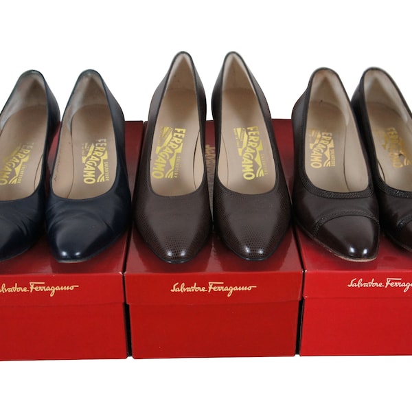 3 Pairs Salvatore Ferragamo Black & Brown Patent Leather Pumps Heels 6.5