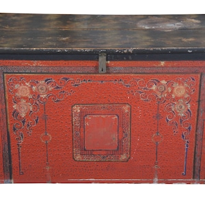 Antique 19th Century Large Tibetan Hand Painted Wood Storage Trunk Chest 80&quot;